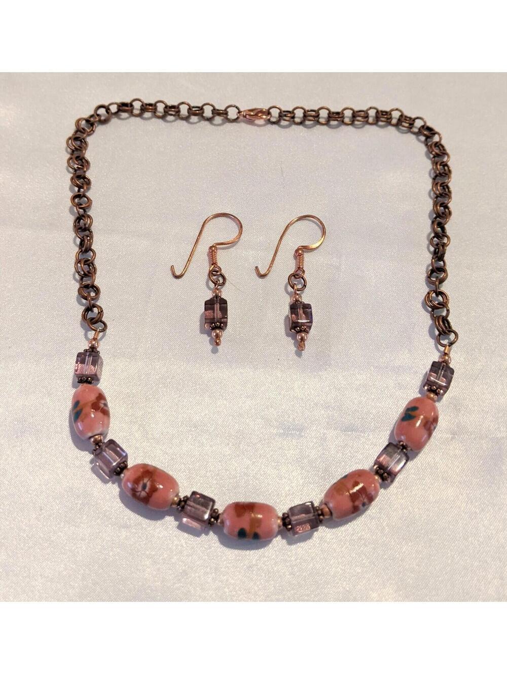 Vintage Copper Ceramic and Glass Beaded Choker Necklace & Dangle Earrings Set